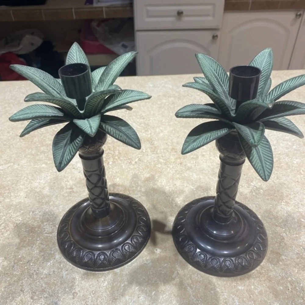 Pair of‎ Brass Decorative Palm Tree Candle Sticks 9 X 5 Made in India 690